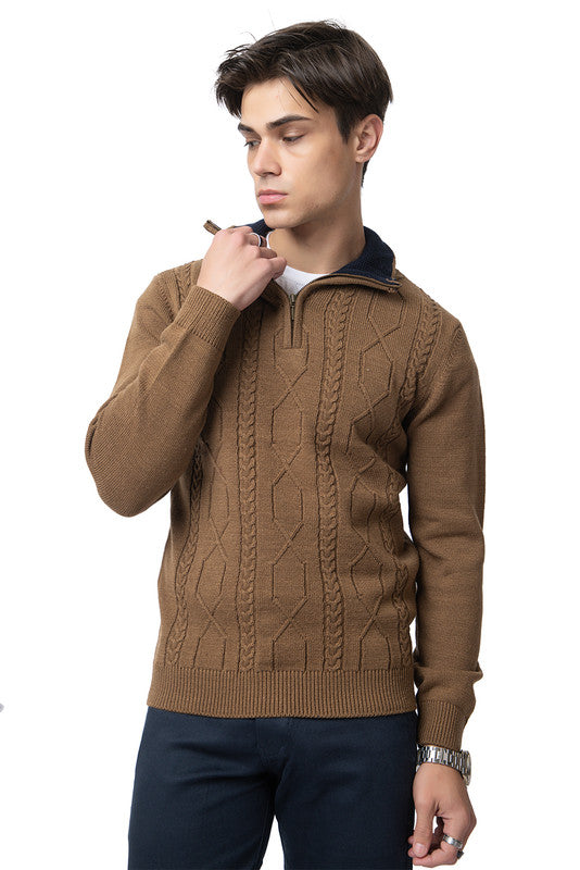 Chunky Cable Half Zip Pullover I Certified Wool I Tan Brown