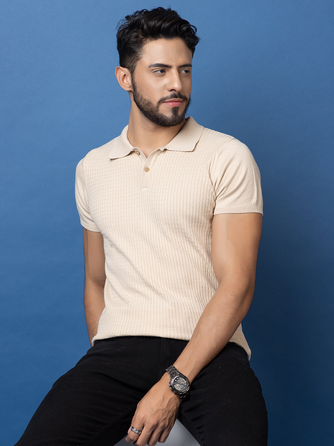 Cable Knit Polo T-shirt I Oatmeal