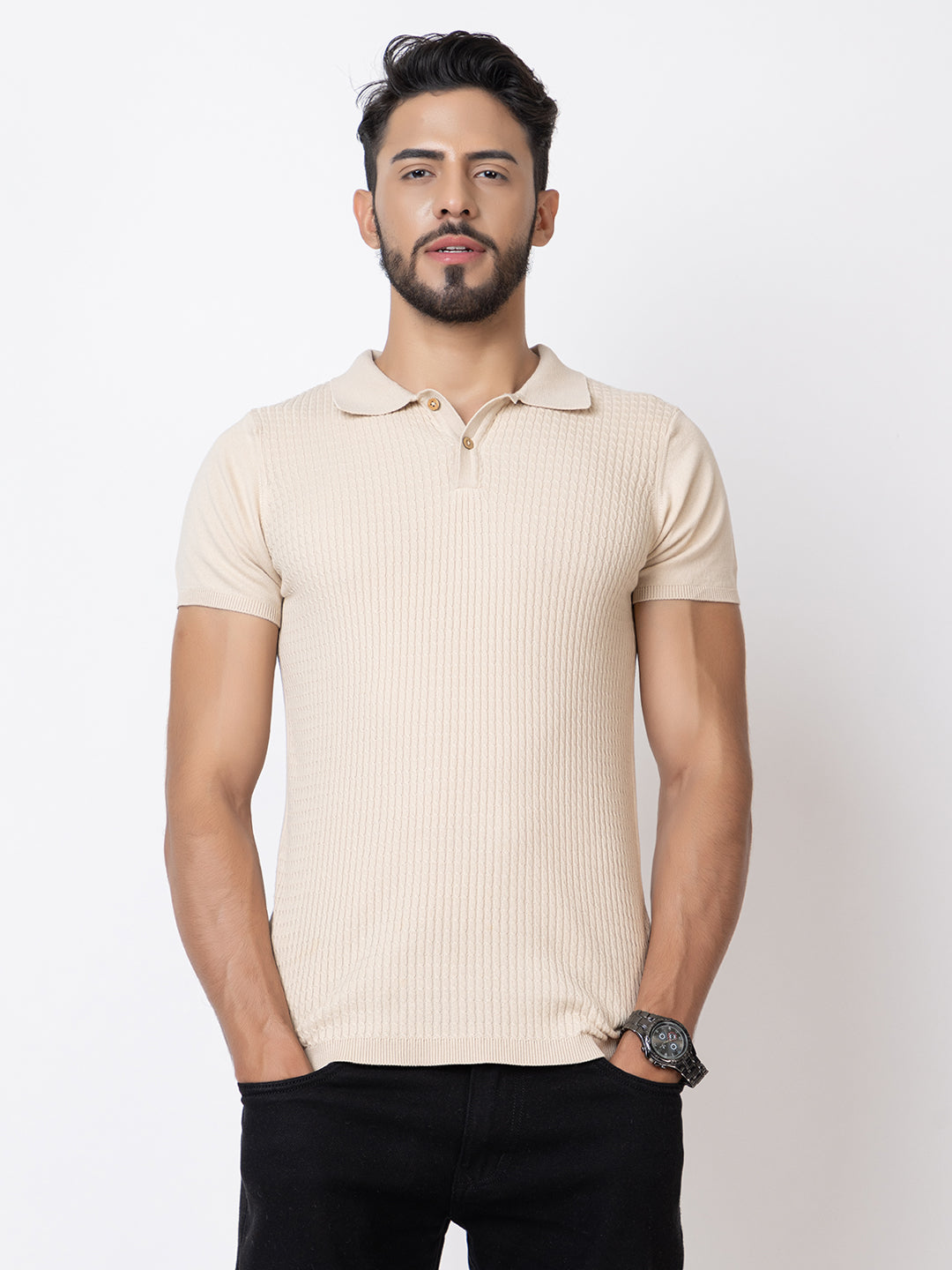 Cable Knit Polo T-shirt I Oatmeal