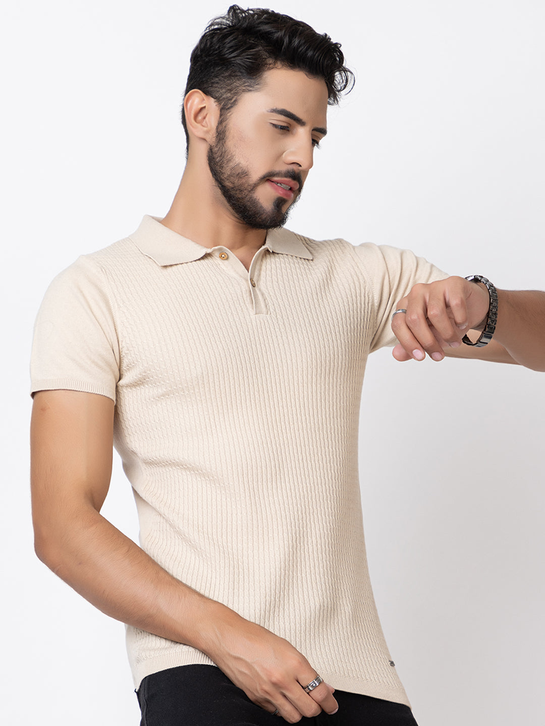 Cable Knit Polo T-shirt I Oatmeal