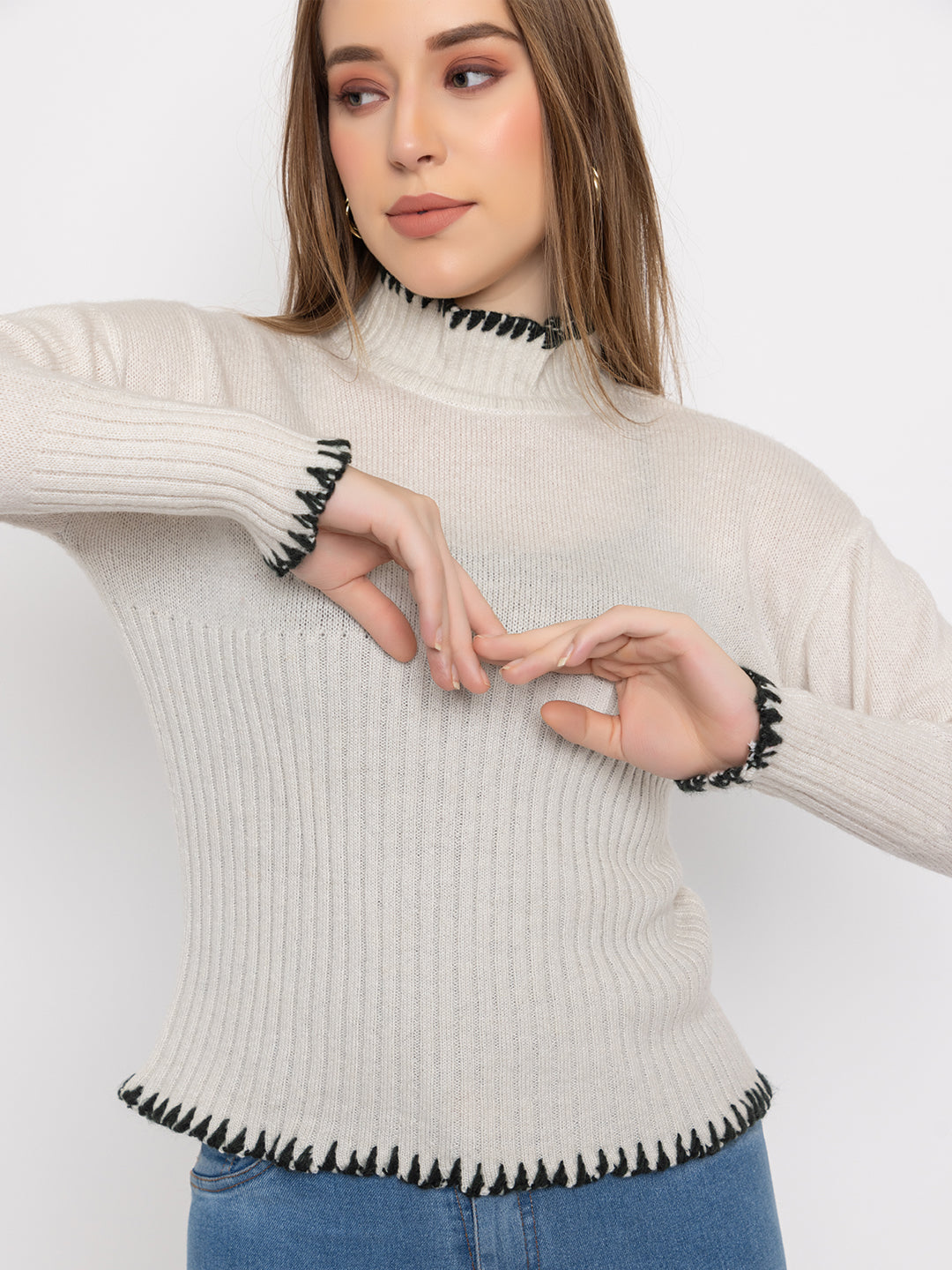 Ribbed High Neck Pullover I White