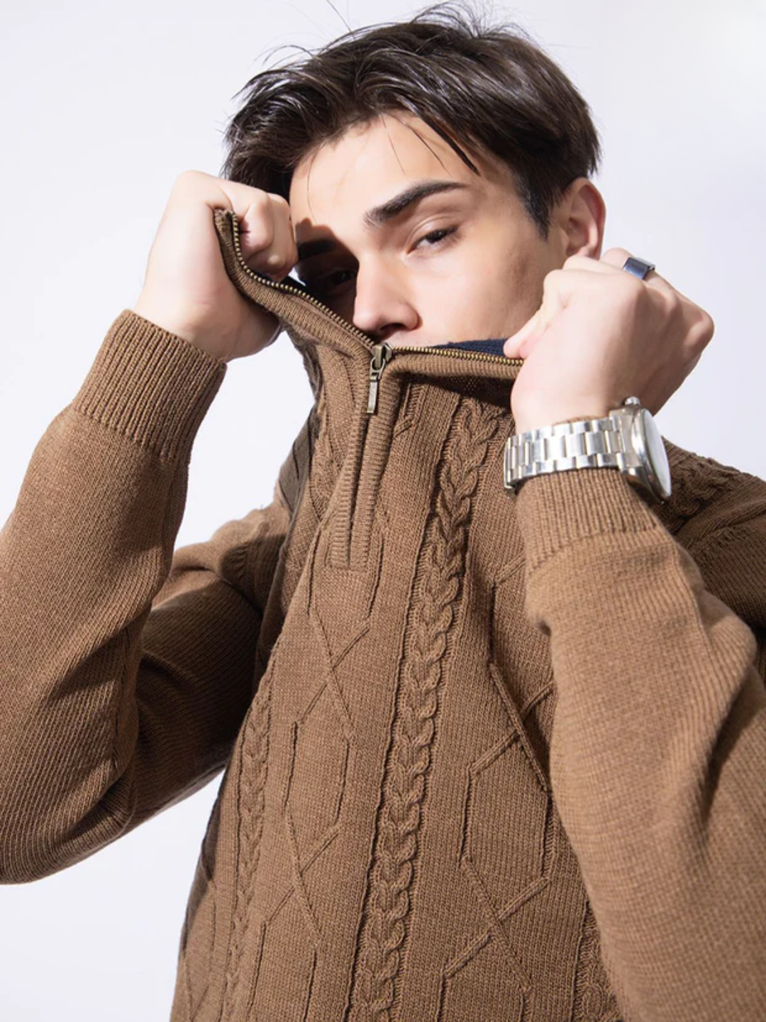 Chunky Cable Half Zip Pullover I Certified Wool I Tan Brown