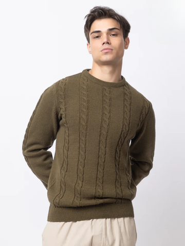 241 Chunky Cable Knit Pullover I Woolmark Certified I Olive